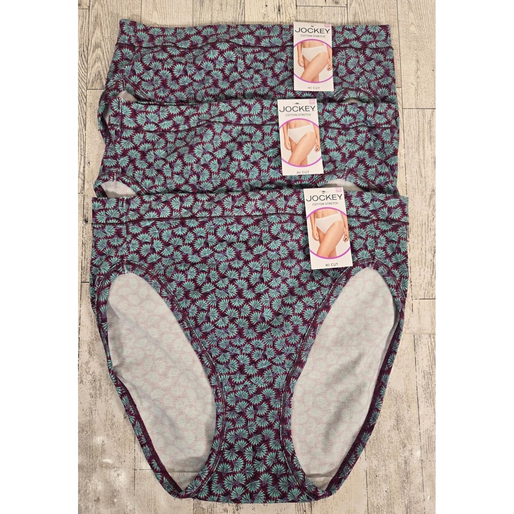 Jockey Cotton Stretch Hi Cut Panties Lot of 3 Fanning Leaf Teal Purple Size 6 M
